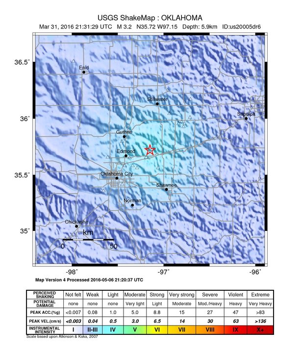 USGS ShakeMap: estimated shaking intensity around the epicenter