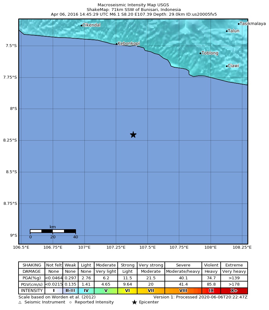 USGS ShakeMap: estimated shaking intensity around the epicenter