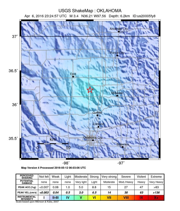USGS ShakeMap: estimated shaking intensity around the epicenter