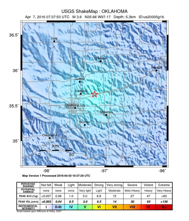 USGS ShakeMap: estimated shaking intensity around the epicenter