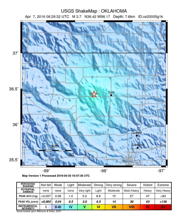 USGS ShakeMap: estimated shaking intensity around the epicenter