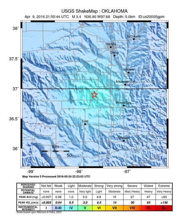 USGS ShakeMap: estimated shaking intensity around the epicenter