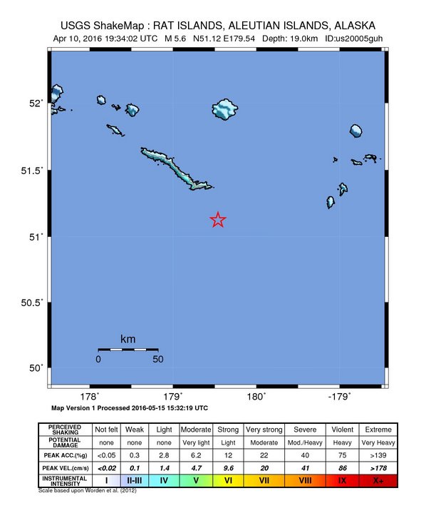USGS ShakeMap: estimated shaking intensity around the epicenter