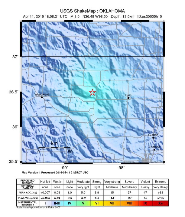 USGS ShakeMap: estimated shaking intensity around the epicenter
