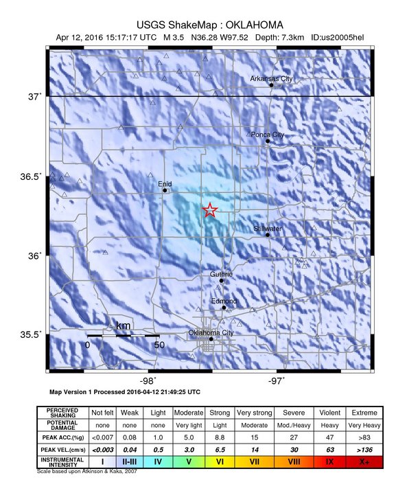 USGS ShakeMap: estimated shaking intensity around the epicenter