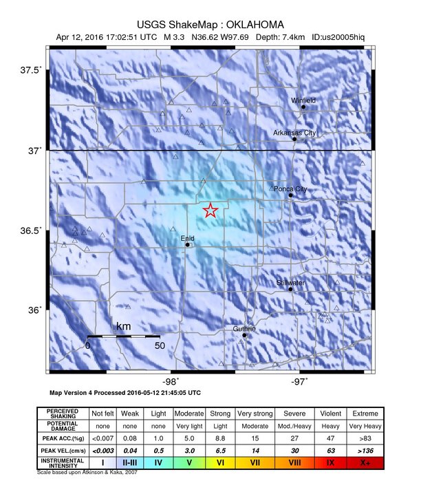 USGS ShakeMap: estimated shaking intensity around the epicenter