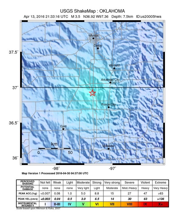 USGS ShakeMap: estimated shaking intensity around the epicenter