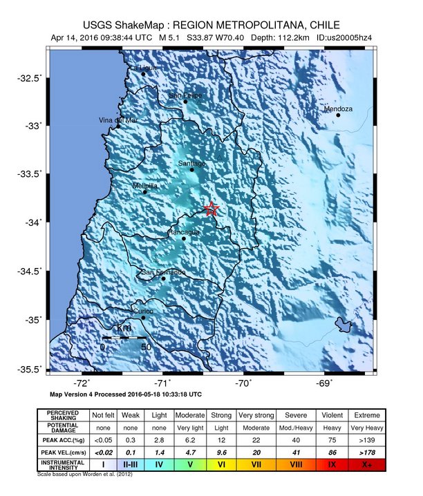 USGS ShakeMap: estimated shaking intensity around the epicenter