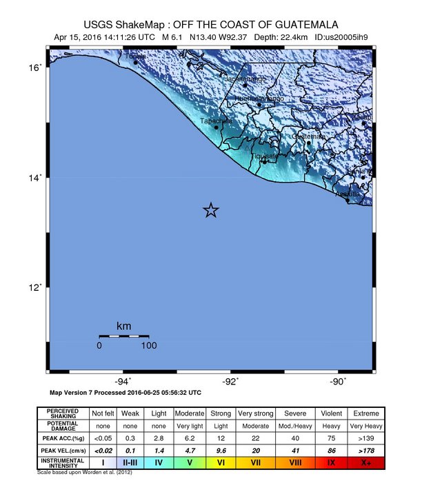 USGS ShakeMap: estimated shaking intensity around the epicenter