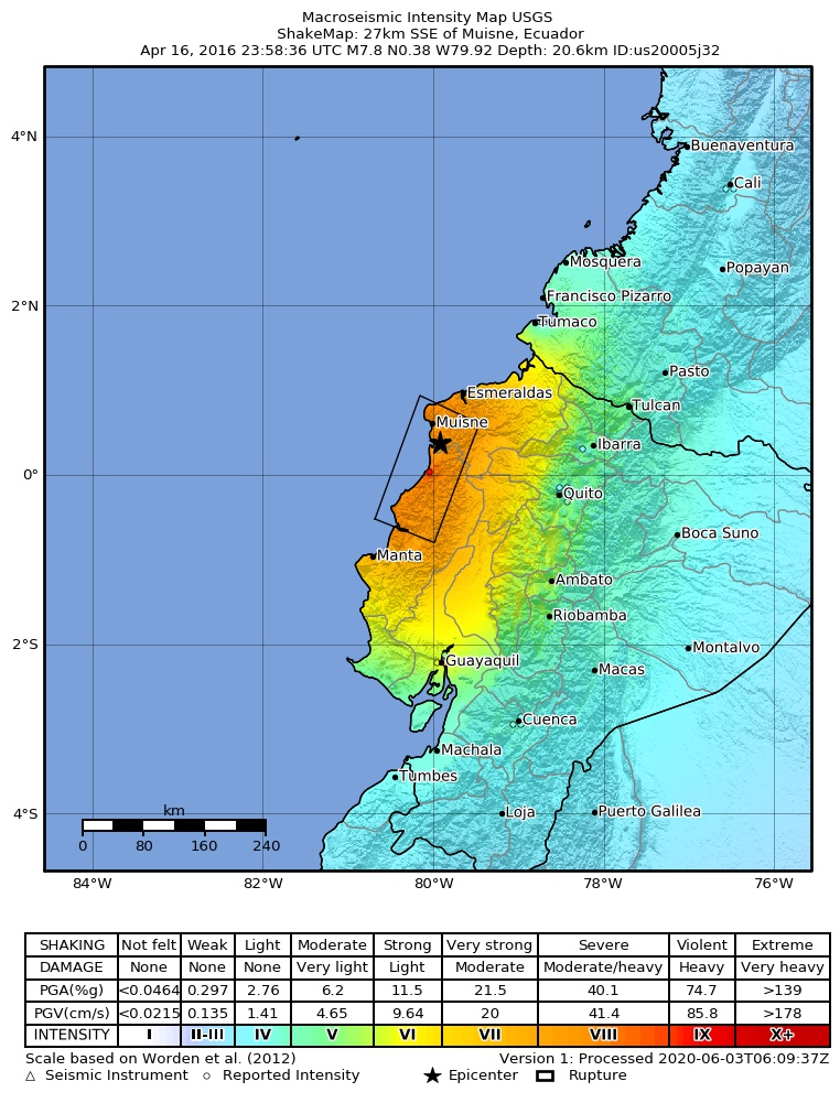 USGS ShakeMap: estimated shaking intensity around the epicenter