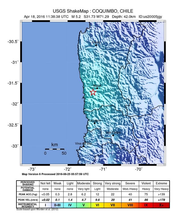 USGS ShakeMap: estimated shaking intensity around the epicenter