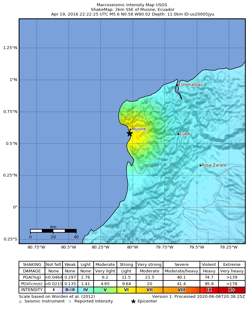 USGS ShakeMap: estimated shaking intensity around the epicenter