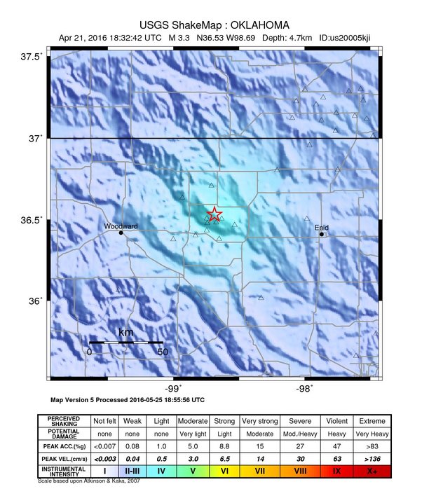 USGS ShakeMap: estimated shaking intensity around the epicenter