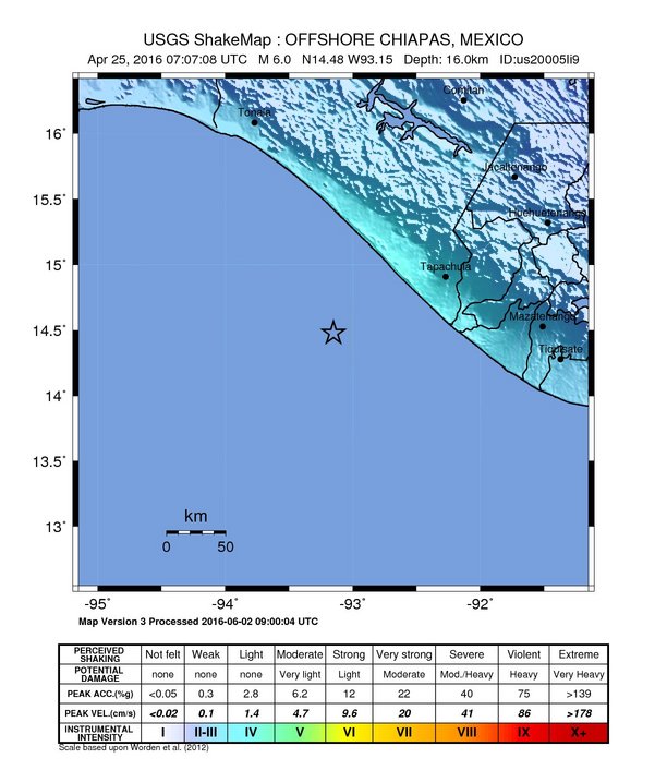 USGS ShakeMap: estimated shaking intensity around the epicenter