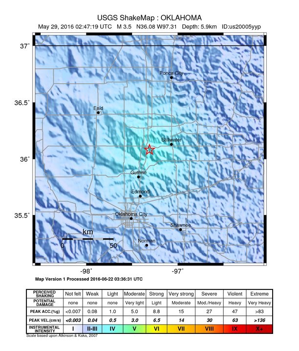 USGS ShakeMap: estimated shaking intensity around the epicenter