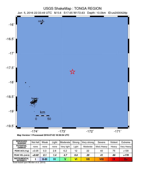 USGS ShakeMap: estimated shaking intensity around the epicenter