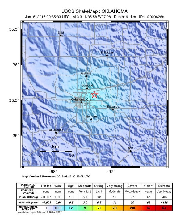 USGS ShakeMap: estimated shaking intensity around the epicenter