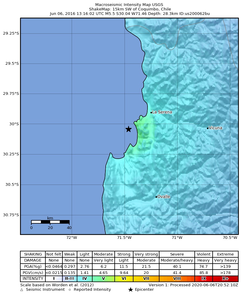 USGS ShakeMap: estimated shaking intensity around the epicenter