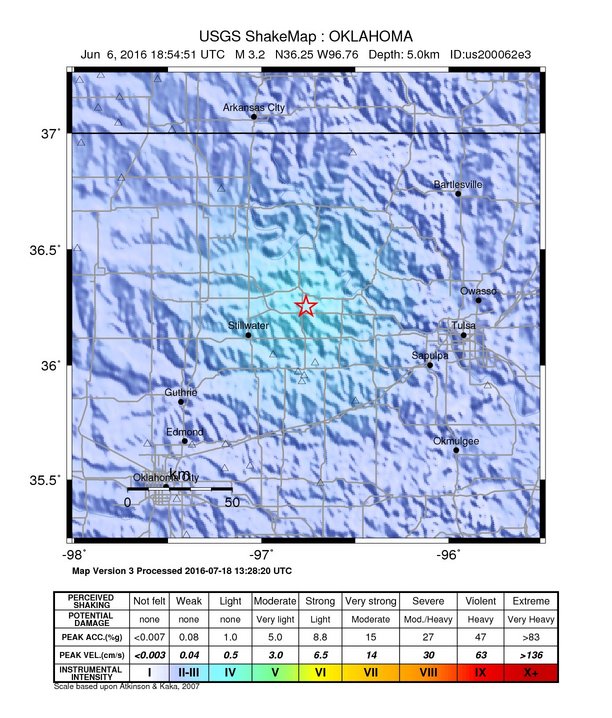 USGS ShakeMap: estimated shaking intensity around the epicenter