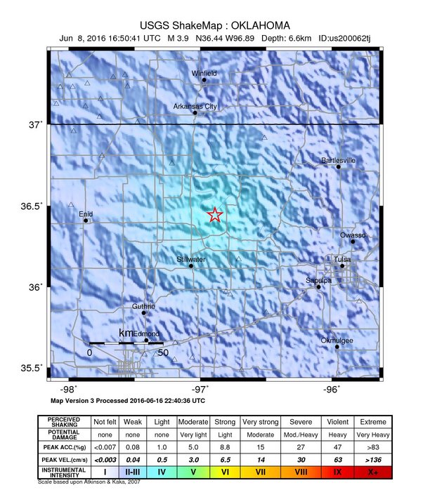 USGS ShakeMap: estimated shaking intensity around the epicenter