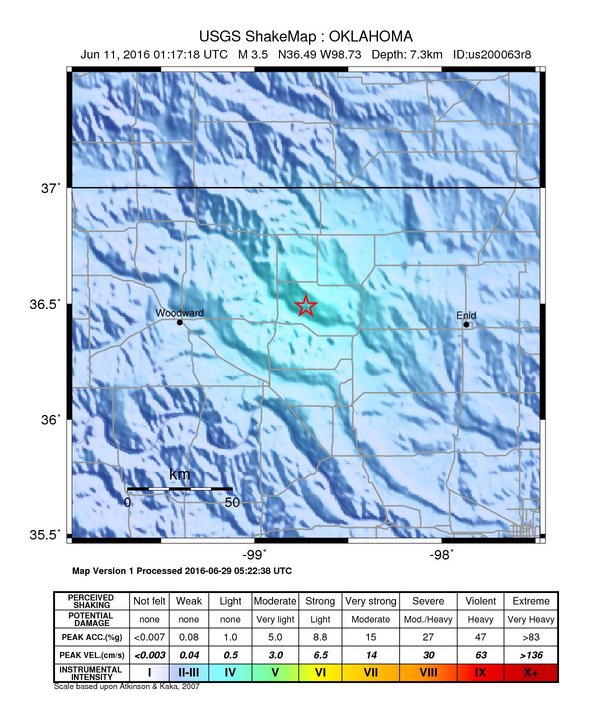 USGS ShakeMap: estimated shaking intensity around the epicenter