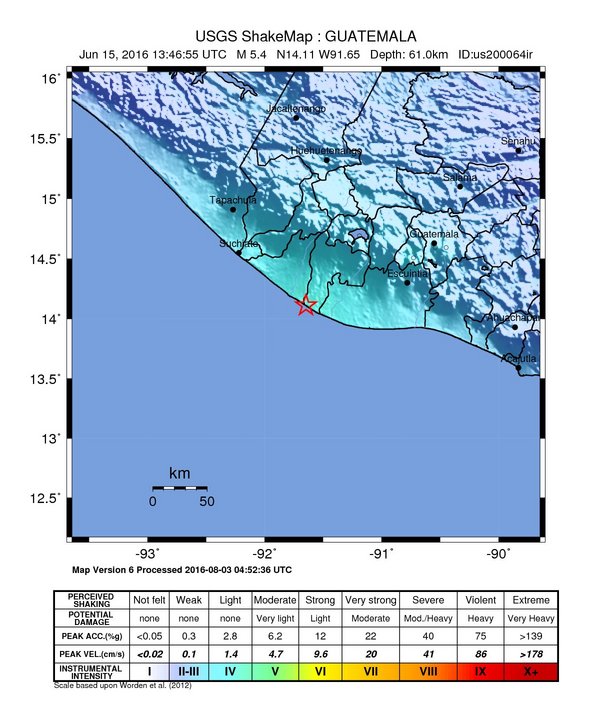 USGS ShakeMap: estimated shaking intensity around the epicenter