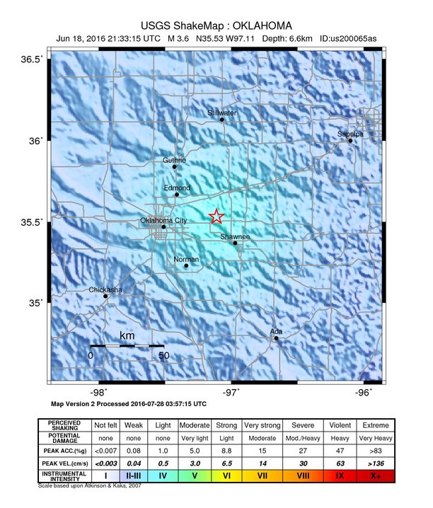 USGS ShakeMap: estimated shaking intensity around the epicenter