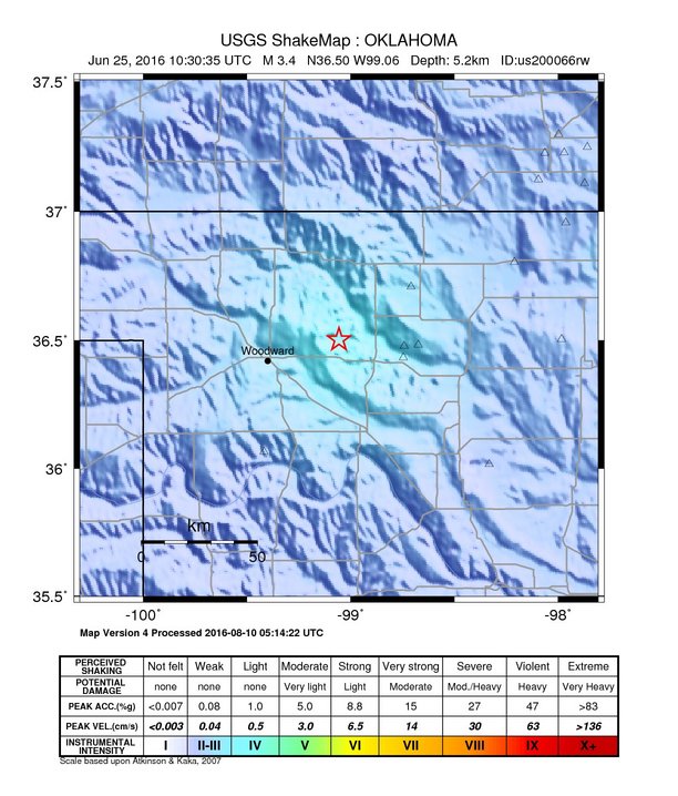 USGS ShakeMap: estimated shaking intensity around the epicenter