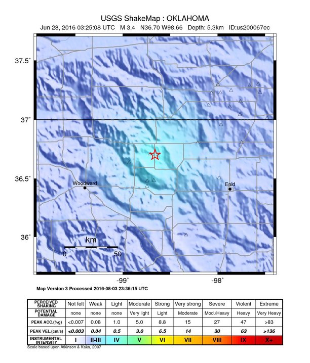 USGS ShakeMap: estimated shaking intensity around the epicenter