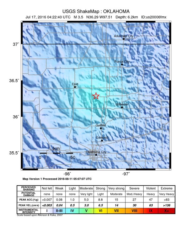 USGS ShakeMap: estimated shaking intensity around the epicenter