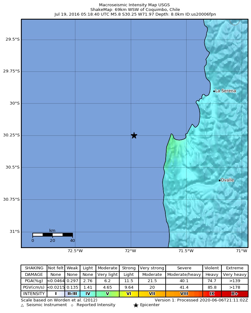 USGS ShakeMap: estimated shaking intensity around the epicenter
