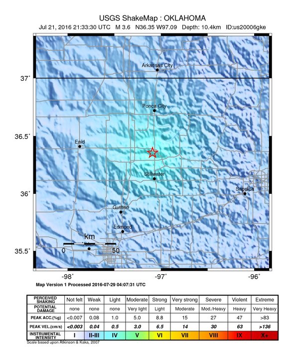 USGS ShakeMap: estimated shaking intensity around the epicenter