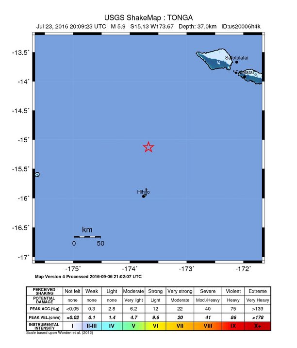 USGS ShakeMap: estimated shaking intensity around the epicenter
