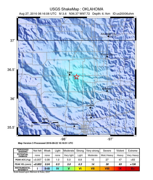 USGS ShakeMap: estimated shaking intensity around the epicenter