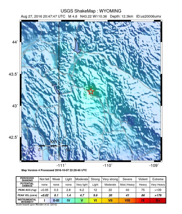 USGS ShakeMap: estimated shaking intensity around the epicenter