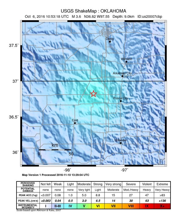 USGS ShakeMap: estimated shaking intensity around the epicenter