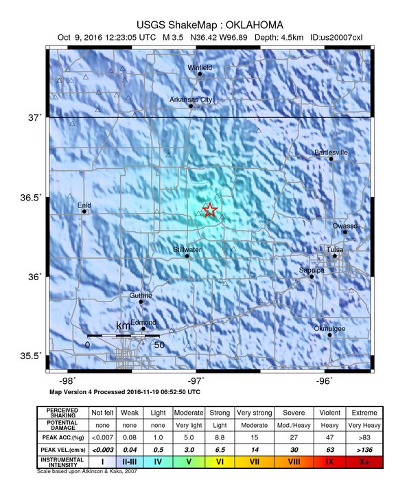 USGS ShakeMap: estimated shaking intensity around the epicenter