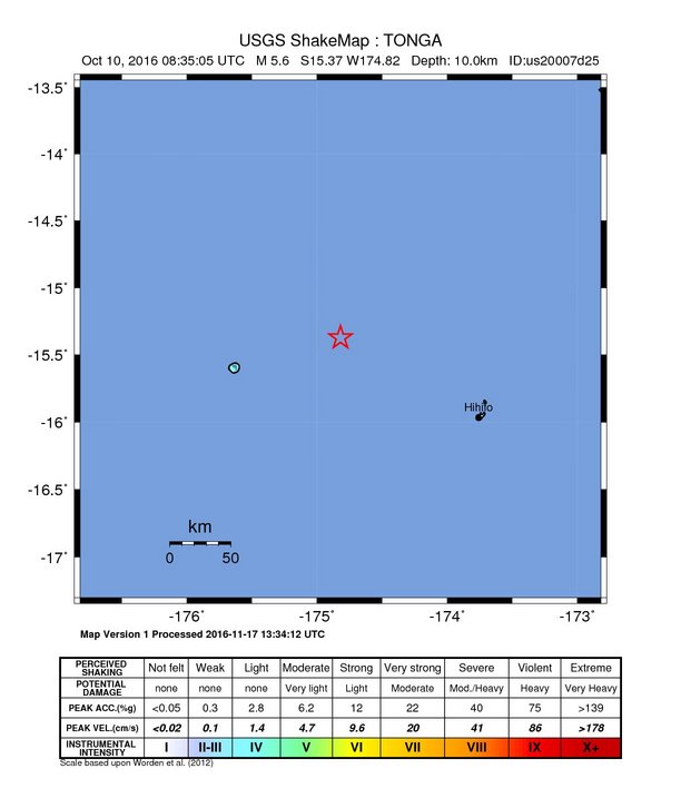 USGS ShakeMap: estimated shaking intensity around the epicenter
