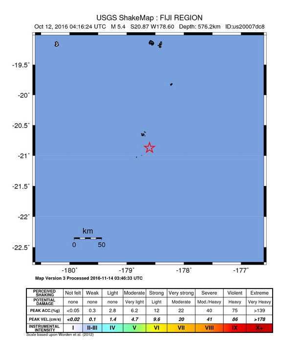USGS ShakeMap: estimated shaking intensity around the epicenter