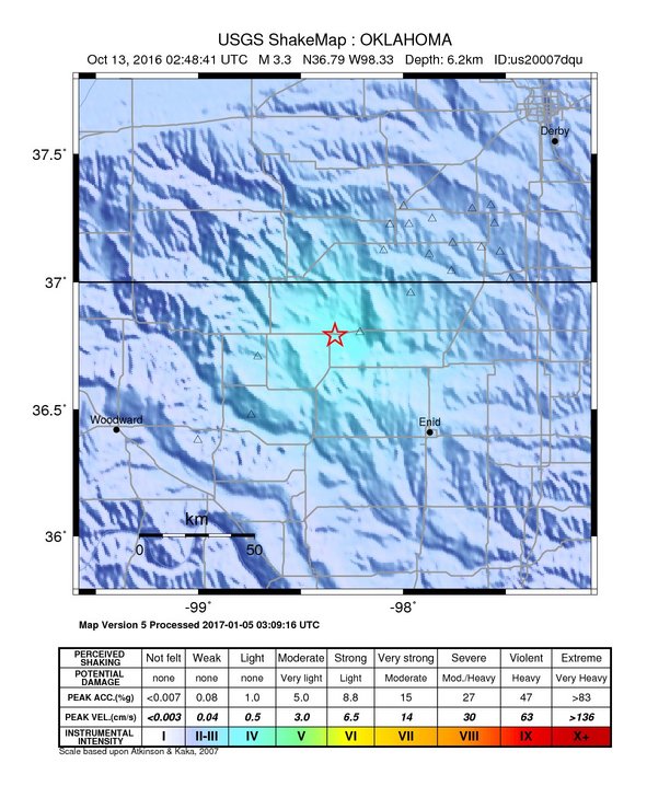 USGS ShakeMap: estimated shaking intensity around the epicenter