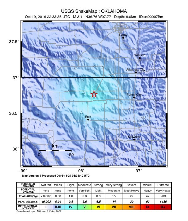 USGS ShakeMap: estimated shaking intensity around the epicenter
