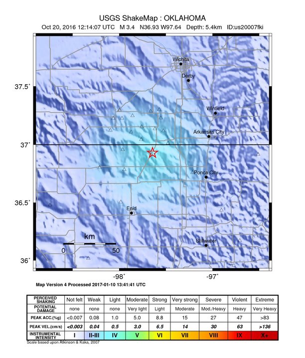 USGS ShakeMap: estimated shaking intensity around the epicenter