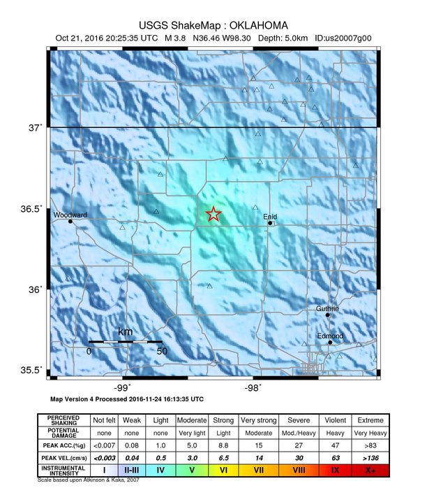 USGS ShakeMap: estimated shaking intensity around the epicenter