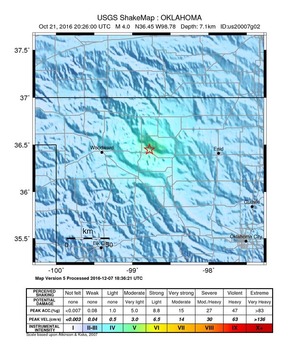 USGS ShakeMap: estimated shaking intensity around the epicenter