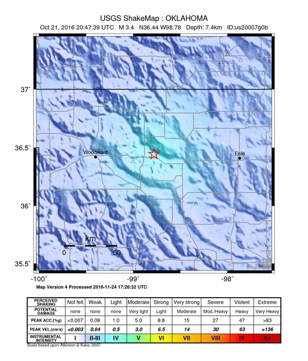USGS ShakeMap: estimated shaking intensity around the epicenter