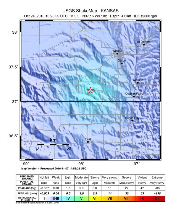 USGS ShakeMap: estimated shaking intensity around the epicenter