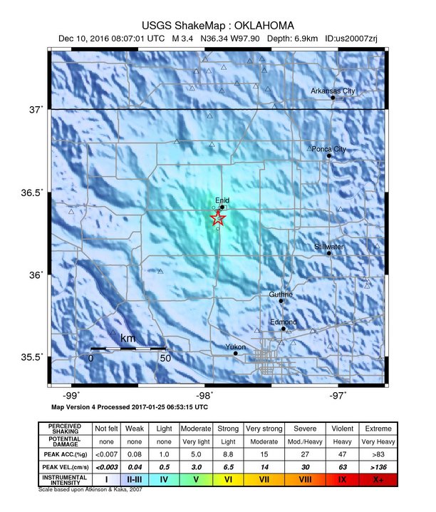 USGS ShakeMap: estimated shaking intensity around the epicenter