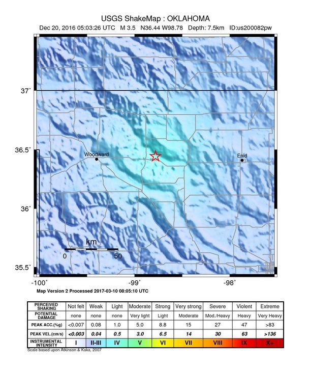 USGS ShakeMap: estimated shaking intensity around the epicenter
