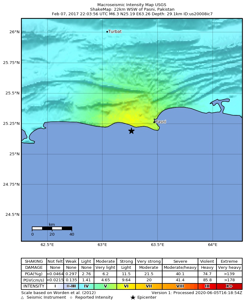 USGS ShakeMap: estimated shaking intensity around the epicenter