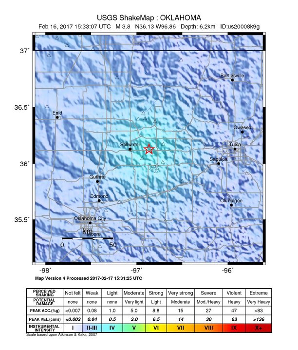 USGS ShakeMap: estimated shaking intensity around the epicenter